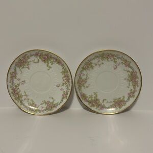 Vintage White Porcelain Saucer with Pink Floral Garland and Gold Rim